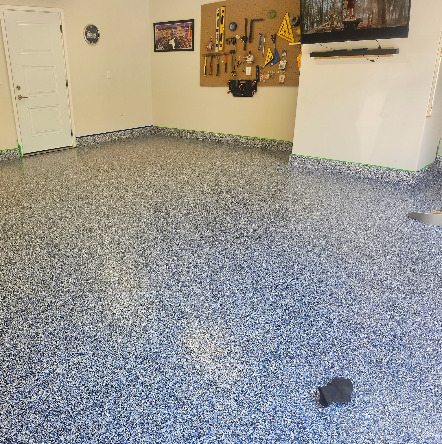 Blue flake epoxy garage floor, finished