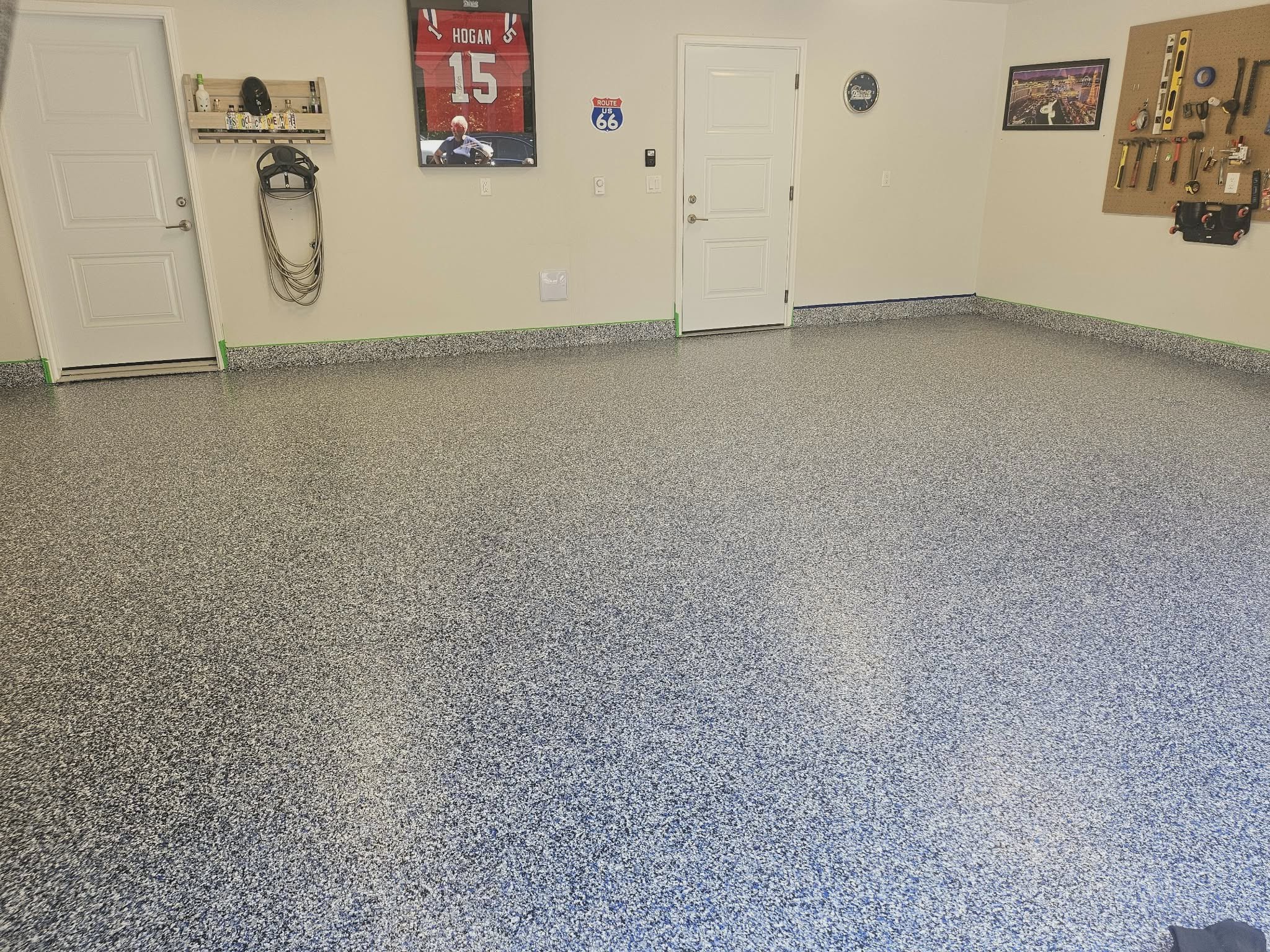 Charcoal and blue flake epoxy floor